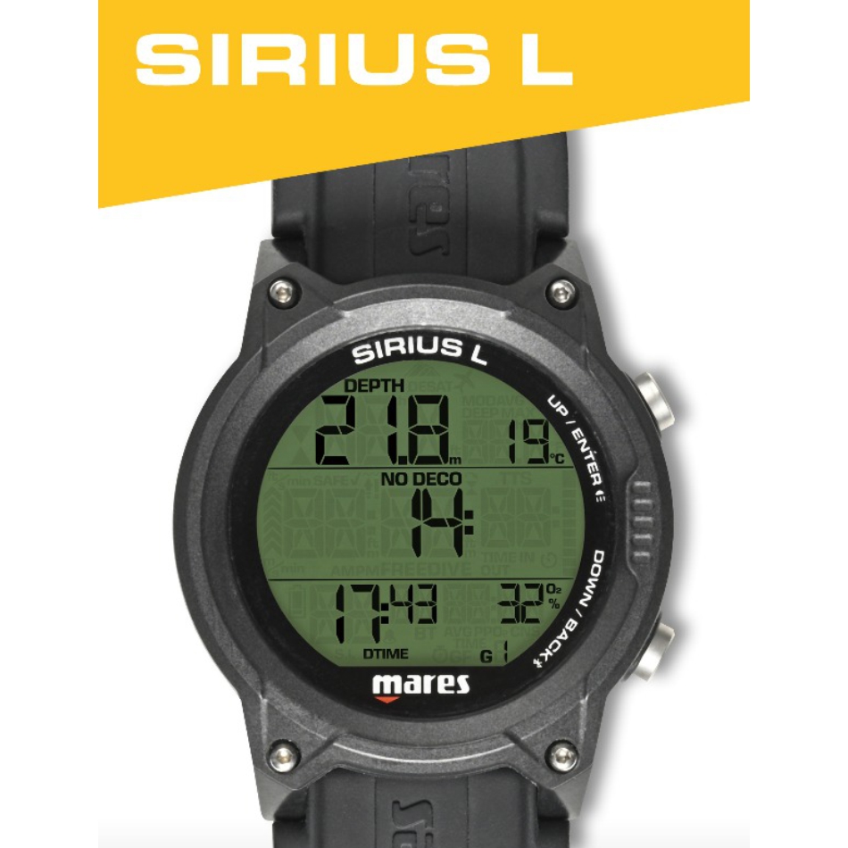 Computer subacqueo da polso Sirius L di Mares a forma di orologio con display LCD. Vista dall'alto